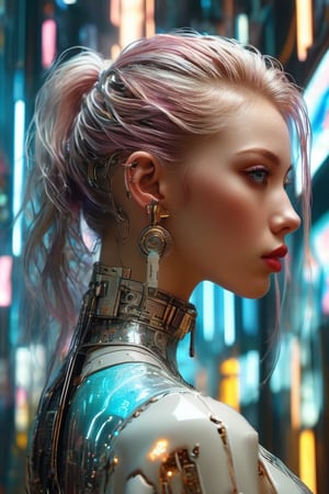 from back side, [(((shot from the back in three-quarter))), stunningly beautifu cyborg an open back(slim perfect:0.8) (pastel colors, ((white polymer plastic cyberpunk implants)), in Bastien Lecouffe-Deharme style:1.3) (((pale skin young girl))), ::34], [((stunningly beautiful face:1.2), stunningly realistic hair, ((hairstyle with long wavy hair)):1.1):10],[gorgeous beautiful young face, stern expression, ((looking into camera)), (expressive and deep eyes with glitter)++:12], [(android jones:0.8) | (analytical art:1.2) | (kim jung gi:0.5)::35], (((against the background inside the cyberpunk illegal laboratory style:1.1))), [(cyberpunk implants:0.6), high-contrast shadows, gloss, (stunning hyper photorealistic:1.4), ( RAW quality), cinematic, cyberpunk lighting from multiple sources, (realistic objects, natural reflections, natural materials, natural textures), cinematic lighting:30], ISO 100,C7b3rp0nkStyle