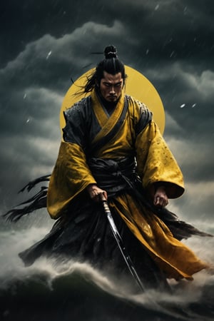 hyperrealistic, a masterpiece. A young samurai assassin in ancient China with black hair and wearing yellow Hanfu is fighting on the sea under heavy rain, right hand raised high to block an attack, water droplets and splashes poised in mid-air, the detailed background features dark clouds and strong winds to create a realistic movie setting.