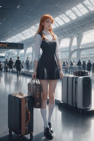 masterpiece photography, mid shot, fashional dressed young woman with orange hair and a suitcase in a futuristic interior of the high-tech airport, a gorgeous portrait inspired by Harriet Powers, trending on CG society, digital art, a hyperrealistic schoolgirl, hyperrealistic schoolgirl, dressed as schoolgirl, school girl, realistic schoolgirl, still from a live-action movie, wearing a mini skirt and high socks, promotional still, magical school student uniform, photo still, airport interior background,futurecamisole