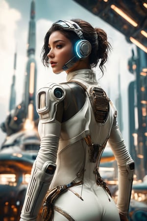 from back side, armed female figure in a white sci-fi suit (tight jumpsuit), at the spaceport, against the background of a sci-fi ship taking off, overcast, mask, sci-fi visor, sci-fi lens, sci-fi respirator, bald head, plate armor, isolated armor, third-person view from below, lots of fine detail, sci-fi movie style, photography, natural textures, natural light, natural blur, photorealism, cinematic rendering, ray tracing, highest quality, highest detail, Cinematic, Blur Effect, Long Exposure, 8K, Ultra-HD, Natural Lighting, Moody Lighting, Cinematic Lighting,xxmix_girl