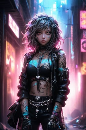 A captivating, high-quality photo of a bizarre graffiti punk scene set in a dystopian world. The focal point is a powerful, dark figure rising from the ashes, surrounded by a cloud of smoke. The figure is adorned with chains and cybernetic enhancements, and their eyes glow ominously. The background is a gritty, graffiti-laden cityscape, with towering skyscrapers and a hazy, neon skyline. The foreground features a chaotic mess of rubble and debris, highlighting the destructive power of the scene. The overall atmosphere is dark, intense, and cinematic, reflecting the dark fantasy elements and the transformation of laws into dust., graffiti, cinematic, dark fantasy