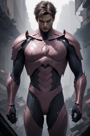 innovation, future, rusty armor, realism, an anti-hero in beautiful Alex Ross's hyper-realistic style. A young boy version. Every muscle fiber, piece of pink and dark metalic armor, and surrounding environmental element is meticulously rendered. Despite the chaos, the anti-hero exudes a calm and focused demeanor, ready to further disrupt order. The precise artwork and overwhelming attention to detail create a visually stunning, immersive scene that invites viewers to explore every inch of the image. Super clean style.
