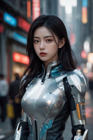 hyperrealistic, a masterpiece shot, (((gorgeous young woman))), full body lean forward, Gumiho, ((masterpiece)), ((best quality)), (((photo Realistic))), extremely detailed cg 8k wallpaper, Japanese female android in dystopian hybrid futuristic attire on a desolate street, beautiful eyes, slight smiling, space tech suit, overcast, ruins, cinematic, 32k.