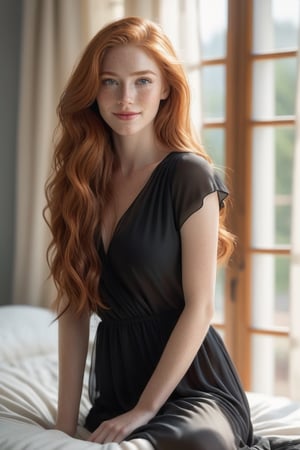 full body photo ((extremely attractive)) woman, very long ginger hair, perfect eyes, (freckles:0.5, light makeup, bold sexy black blouse, transparent long dress clothes, leaning on the end of her bed in her bedroom, gorgeous smile, bright sunlight coming through the windows, sheer curtains diffusing the sunlight . large depth of field, deep depth of field, highly detailed, highly detailed, 8k sharp focus, ultra photorealism