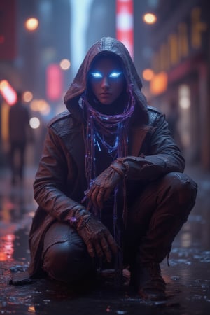 dystopian future city 2047,  a Necro-Hacker with spectral data trailing from his fingertips. His high tech cloak is tattered and covered in glitching, digital symbols, barely concealing the holographic tattoos etched into his skin. His glowing eyes flicker with data streams as he manipulates digital glitches in the air. The background is a futuristic neon-lit street, with glitchy figures flickering in the shadows, a significant symbol of inner peace in a fast-moving world. Non-representational, vibrant colors and shapes, expression of feelings, imaginative, highly detailed.