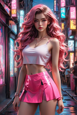 A stunning young woman dressed in a fashionable outfit. She wears a bright pink miniskirt with a V-shaped cut in the front, complemented by a white crop top. The woman has long, flowing hair, and her pose exudes confidence. The background of the poster is a vibrant cityscape at night, with neon lights reflecting off the buildings. The overall atmosphere is energetic and urban, perfect for a fashion-forward cityscape., 3d render, poster,FuturEvoLab-Lora-mecha