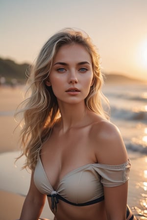 A breathtaking portrait photo of a fit young blonde woman. A stunning cinematic photo capturing a young, attractive woman kneeling on a sandy beach during a serene sunset. She has long black hair and a fair complexion, with subtle makeup accentuating her eyes and lips. Clad in a off-shoulder top and a bikini bottom, she appears to adjust the side tie of her bottoms. The sun casts a soft warm, golden glow on her fair skin and wet hair, while the gentle waves lap at the shore and the horizon fades into the distance. The overall atmosphere of the image is peaceful and captivating, cinematic, 