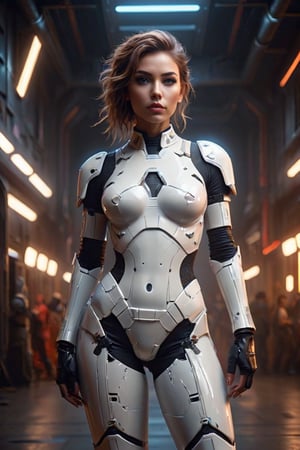 A gorgeous young woman dressed as storm trooper inspired white bodysuit, sexy lingerie, starship background, (((full body visible))), looking at viewer, portrait, photography, detailed skin, realistic, photo-realistic, 8k, highly detailed, full length frame, High detail RAW color art, piercing, diffused soft lighting, shallow depth of field, sharp focus, hyperrealism, cinematic lighting, vibrant colors of lightning surround her, full body casting powerful tricky effect, cyberpunk style, sexy lingerie, futuristic scene, high-tech, sci-fi, flirting, attractive, detailed skin, photo-realistic, 8k, highly detailed, full length frame, High detail RAW color art, diffused soft lighting, shallow depth of field, sharp focus, hyperrealism, cinematic lighting, 