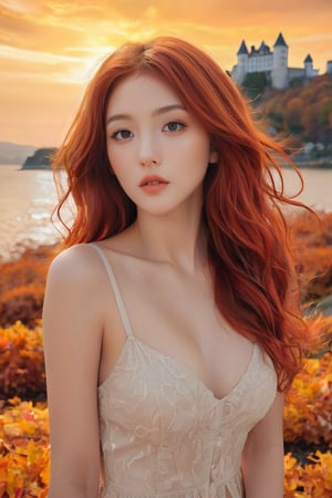 A stunning close-up picture that captures the essence of love and beauty. A captivating and vibrant conceptual art piece, featuring a young adorable woman with very long cascading red hair, seamlessly merging into a picturesque autumn landscape. She stands gracefully amidst a sea of golden leaves, her hair intertwined with branches and foliage. Behind her, a majestic castle stands proudly against an intense orange sky, as if it's on fire. The overall atmosphere of the illustration is cinematic and surreal, evoking a sense of wonder and enchantment, cinematic, vibrant, conceptual art,dal,photo,SEXY WOMAN