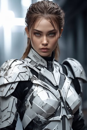 hyperrealistic, a masterpiece, gorgeous strong caucasian female fighter, wet skin, Beautiful female in futuristic attire holding a large gleam rune sword, chopping forward in the style of movie still, snapshot realism, platinum metal and white armor suit, chinapunk, cyberpunk realism,