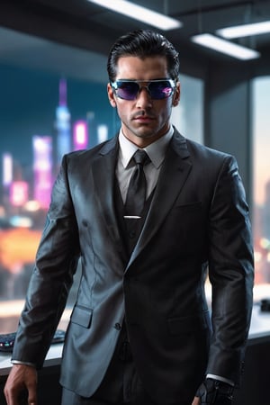 ((masterpiece)), ((best quality)), (((photo Realistic))), (portrait photo), (8k, RAW photo, best quality, masterpiece:1.2), (realistic, photo-realistic:1.3). A sleek and futuristic corporate officer in a Cyberpunk 2077-style office setting. The male character is dressed impeccably in a dark suit and tie, with shades covering his eyes. He is holding a high-tech holographic device that emits a blue glow. The office background is filled with advanced technology and neon lights, with a futuristic cityscape visible through the window. 