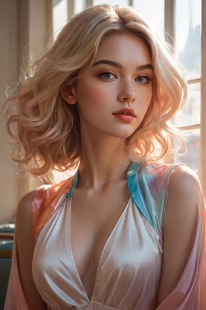 A breathtaking high-resolution digital painting by Artgerm and Augusto, masterfully blending the artistic styles of Guweiz and Alexey Egorov. The centerpiece of the composition is Angelica, a 21-year-old tall, preppy light blonde woman. She is dressed in a pastel white, pink, and orange thin silk Emilio Pucci slip dress. She captivates the viewer with her inviting pose, leaning forward with her hands together, exuding a playful charm. The artwork showcases exquisite details and flat shading, resulting in a vivid color palette that incorporates a pastel swirl of white, pink, and orange in the background, matching Angelica's dress.