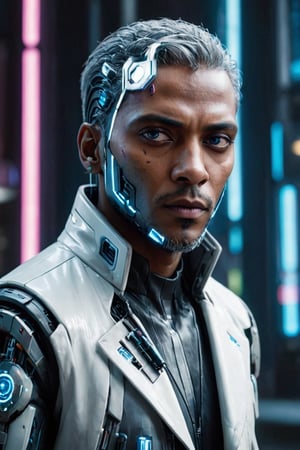 ((masterpiece)), ((best quality)), (((photo Realistic))), (portrait photo), (8k, RAW photo, best quality, masterpiece:1.2), (realistic, photo-realistic:1.3). A striking image of a cyberpunk protagonist, a black man with grey hair and robotic eyes, dressed in a sharp suit. His cybernetic eyes emit a cool blue light that contrasts with the dimly lit, neon-lit cityscape. Hovering vehicles and futuristic architecture fill the background, while a holographic 'Hal Cinah' signature is subtly integrated into the scene, hovering above his head. The overall atmosphere is bold, futuristic, and slightly dystopian.,digitalste,cyberpunk,Cyberpunk Doctor