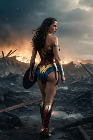 An evocative photo of Wonder Woman from behind, walking into a dimly lit battlefield. Her iconic red, blue, and gold attire is illuminated by a soft front light, contrasting with the dark and ominous environment. A sense of determination and courage fills her posture. In the background, there are remnants of a destroyed landscape, with smoldering ruins and debris. The sky overhead is filled with dark clouds, hinting at an impending storm.