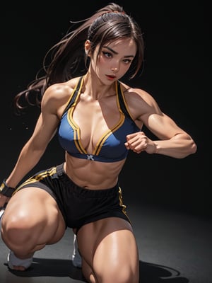 Realism style,Professional Chun Li Cosplayer, martial arts beauty, fit, beautiful, slender, natural curves, natural upper body, attractive, dark red hair, bowed hair, ponytail, serious expression, sports shorts, sports, high-kick, studio room, photoshoot, movement, motion, close-up, 3d digital art, amazing cinematic wallpaper in 16k, 4k, 8k, 16k, 4k upscaling image art, ((full body character concept)), ((((amazing masterpiece digital art, hdr, uhd, depth of field, blurry black background)))), ultra photorealism 

