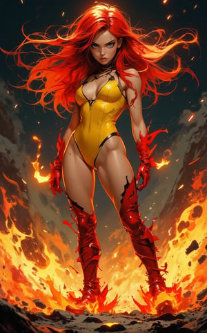 A full shot of a striking female character from a cyberpunk video game setting, radiating futuristic and edgy vibes. In the style of a Marvel comic, A young woman with spreading red fiery hair and blue eyes, she is wearing a yellow, one-piece leotard, sexy bold design clothing. She wears red gloves and boots, flaired at the ends with a jagged layer of orange, resembling flame. She is surrounded by flames and sparkles, creating an intense and fiery atmosphere. The flames around her dance wildly, illuminating her determined expression as she stands in control of the destructive energy. the powerful blaze enveloping the scene. The background is in a barren landscape, adding to the dramatic and powerful effect, by Jim Lee, fantasy art, fantasy concept art, epic fantasy movie, 