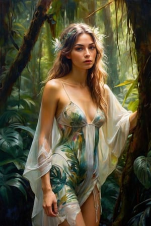 hybrid realistic painting and vintage lithograph style, oil on canvas, impressionist tendencies, delicate painting of a beautiful gypsum woman in an ethereal rainforest, torn revealing clothing, expressive delicate thin brushstrokes, full-body, in the style of fantasy art