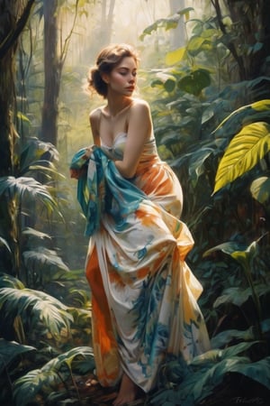 realistic painting hybrid of vintage lithograph style, oil on canvas, impressionist tendencies, delicate painting of a beautiful woman in an ethereal rainforest, expressive brushstrokes, full-body, in the style of fantasy art