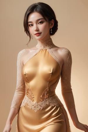 ((masterpiece)), ((best quality)), (((photo Realistic))), (portrait photo), (8k, RAW photo, best quality, masterpiece:1.2), (realistic, photo-realistic:1.3), ultra-detailed. A serene and minimalist image Sultry woman, alluring smiling,  Op-patterns Turtle necked beige gown with multiple cutouts and lace, slits, Plump buttocks stars, Amber moon, dark fantasy, vibrant, masterpiece concept art style.