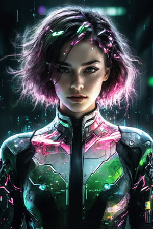 hyperrealistic illustration, best quality, masterpiece digital painting, minimalist movie poster, a cyberpunk female hacker known as "THE GLITCHER," their body perpetually glitching and distorting. The figure's skin is a fragmented mosaic of colors, emitting vivid neon pink and green hues. Surrounding them are floating lines of corrupted code and glitching holograms. Their eyes glow with an unsettling, flickering light. They wear a high-tech suit that is constantly shifting and reforming. In one hand, they hold a glitching data spike, while the other hand seems to dissolve into a swarm of digital particles. The background is a stark white void, emphasizing the chaotic and disturbing nature of this digital entity.