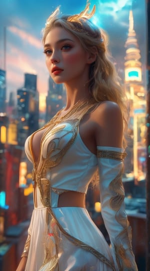 A captivating fantasy portrait of a stunning powerful young goddess. A striking digital artwork featuring a radiant woman in an avant-garde ensemble, set against a dark fantasy cityscape backdrop. The woman's outfit is a captivating blend of modern urban style and intricate filigree, highlighted by contour lighting that accentuates her captivating beauty. Her attire glows with every movement, drawing the viewer's eye to her enchanting presence. Surrounding her is a mesmerizing whirlwind of dazzling, magical particles that shimmer and dance in the air, adding to the ethereal atmosphere. The cityscape behind her is a fusion of graffiti-adorned skyscrapers and vibrant neon lights, casting intriguing shadows on the scene. The dynamic interplay of urban street art and fantasy elements in this 3D render breathes life into the vivid details, creating a captivating, forward-