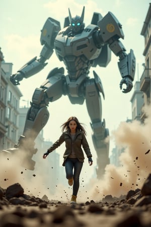 Bottom low angle view, distorted perspective. A post-apocalyptic image, sharp focus on a young woman's face. The heroine with determined face running away from the silhouette of a giant robot jump down from high and its massive hand reaching down to the woman. She is fast running in the very front while the robot's right hand smashed the ground on her left side. Dramatic dystopian city, debris, dust, fog, depth of field, motion blur, cinematic composition, lens-flares. Cinema 4D movie,Fantasy detailers,cyberhelmet