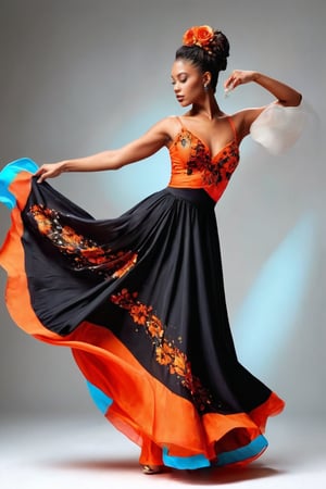 ((masterpiece)), ((best quality)), (((photo Realistic))), (portrait photo), (8k, RAW photo, best quality, masterpiece:1.2), (realistic, photo-realistic:1.3), An artistic portrayal of a woman, seemingly in a dance pose. She wears a vibrant orange and black dress, with the top having a high neckline and the skirt flowing gracefully. Her hair is styled in an elaborate updo adorned with red flowers. The background is abstract, with splashes of orange, black, and white, giving the impression of a dynamic and fiery ambiance.