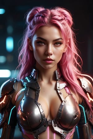 A gorgeous cyborg girl in pink platinum combat armor, long pink hair braid, vibrant colors of lightning surround her, full body casting powerful tricky effect, cyberpunk style, sexy lingerie, futuristic scene, high-tech, sci-fi, flirting, kinky, attractive, portrait, looking at viewer, portrait, photography, detailed skin, realistic, photo-realistic, 8k, highly detailed, full length frame, High detail RAW color art, diffused soft lighting, shallow depth of field, sharp focus, hyperrealism, cinematic lighting, 