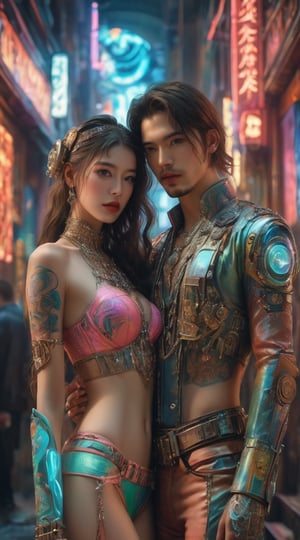 An allring scene of a gorgeous embraced couple. A spectacular cyberpunk-inspired fashion show image, featuring a captivating woman-cyborg in a neon bikini, tenderly cradling a masculine brunette handsome man-cyborg. The woman's mesmerizing, neon rainbow tattoo is adorned with glowing hieroglyphic patterns, while the atmosphere is filled with hyper-realistic, hyper-detailed biomechanical filigree details reminiscent of Jan Saudek's artistic style. The fashion show unveils breathtaking designs, seamlessly blending haute couture, art nouveau embroidery, and steampunk-inspired armor. This unique blend of cinematic, portrait, wildlife photography, painting, illustration, and photo art pays homage to Alexander McQueen's elegance, offering an otherworldly display of beauty and artistry. The image, wildlife photography, vibrant, cinematic, photo, portrait photography, painting, illustration,mad-cyberspace,night city,cyber,neon style,simple background,hubggirl