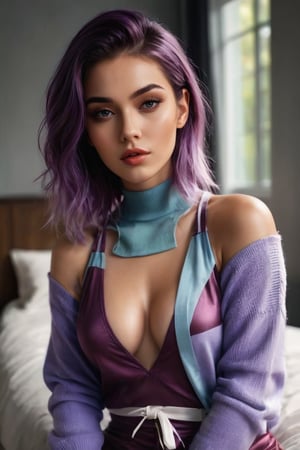 ((masterpiece)), ((best quality)), (((photo Realistic))), (portrait photo), (8k, RAW photo, best quality, masterpiece:1.2), (realistic, photo-realistic:1.3). A stunning, high-resolution fashion poster featuring a captivating young model with purple hair in a stylish bedroom setting. The model is wearing a cozy sweater that accentuates her chest and showcases her beautiful. Her hair is styled in an elegant bun, drawing attention to her alluring features. The overall atmosphere of the image is sultry and glamorous, with a focus on fashion and beauty.