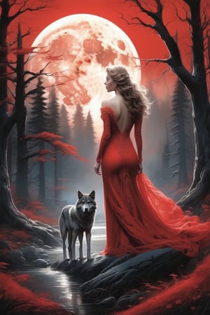 (masterpiece), (best quality),(ultra-detailed),(illustration),(extremely detailed),(perfect anatomy),(super detailed skin),A captivating illustration of a sultry, attractive woman dressed in a flowing red gown. She has an air of mystery and allure about her. In the background, a majestic wolf is present, its eyes fixated on the woman, who is standing near a full dim moon that casts a silvery light over the forest scene. The overall atmosphere of the illustration is enchanting and slightly eerie, with a sense of the supernatural.
