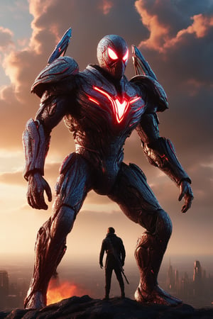 A captivating and powerful movie poster of a dark-armored hero, reminiscent of a futuristic ypung Spider-Man, standing against a dramatic, cloudy, and fiery sky. The gorgeous powerful hero, with glowing eyes and a chest emblem, wears a sleek, advanced neon armor adorned with sharp, angular designs that highlight the sci-fi aesthetic. Wielding a vibrant red lightsaber, the unique hero seamlessly blends science fiction and fantasy in this intense and action-packed scene. The background showcases a dystopian world with war machinery, including a car and plane, engulfed in flames. Hans Darias AI has masterfully crafted this visually striking masterpiece, encapsulating the essence of heroism and power in a chaotic, post-apocalyptic landscape.,Movie Still,LegendDarkFantasy,ruanyi0141,Expressiveh,neon,concept art,cinematic style