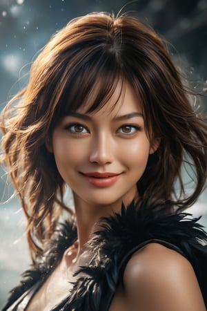 hyperrealistic, a masterpiece live-action movie poster. A breathtakingly realistic image of Nami from One Piece, epic composition, dynamic angle, dynamic position, speed effect, playful and evil smiling, young and cute face, plumes of jet black plumes smokes, In the style of Prokoko, radiating an otherworldly aura. Showcase her sexy figure and beaming smile. Utilize advanced techniques to capture subtle lighting, texture, and attire details. Exude an atmosphere of awe-inspiring wonder, as if she is about to unleash divine energy. Bring this extraordinary visual to life with 3D rendering and meticulous attention to detail.