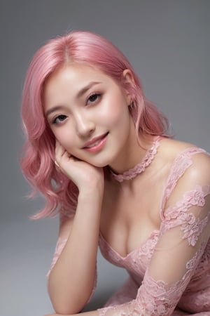 A young alluring woman wearing pink hair in a transparent hollow pink lace dress, in the style of hyperrealism and photorealism,she is at the seductive bending pose, UHD image, soft-focused realism, pastel color, babycore, gentle smile,better photography,dal,more detail XL