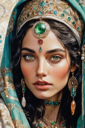 hybrid realistic painting and vintage lithograph style, watercolor drawing of a gorgeous gypsum fortune teller with long dark hair and green eyes, a mysterious young goddess, wearing an embroidered headscarf with many jewels around her neck, holding up a large crystal ball in her hands, close-up of her face, in the style of fantasy art, best quality, high detailed, no freckles.