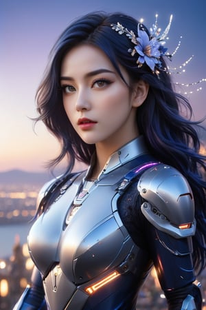 ((masterpiece)), ((best quality)), (((photo Realistic))), (portrait photo), (8k, RAW photo, best quality, masterpiece:1.2), (realistic, photo-realistic:1.3). A stunning 4K high-quality photo of a beautiful woman wearing a white mecha adorned with dazzling lights. Her face, with a captivating gaze, is perfectly enhanced with blue-toned makeup, including dark blue eyeliner, red lip gloss, and a delicate hairpin. Her dark blue hair is a blend of silver, violet, and blue hues, with a gradient effect. The background showcases a complex setting with dark blue flowers and intricate clothing, all against a backdrop of a godly landscape. The atmosphere is filled with a sense of wonder, as the woman's outfit billows in the wind. This photograph truly captures the essence of fashion and artistic beauty.,glowneon,mad-cyberspace,mecha\(hubggirl)\