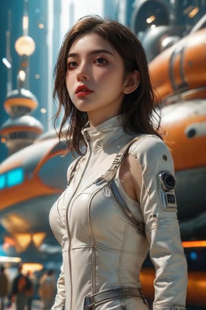 [three-quarter dynamic position::12], armed female figure in a white sci-fi suit (tight jumpsuit), at the spaceport, against the background of a sci-fi ship taking off, overcast, mask, sci-fi visor, sci-fi lens, sci-fi respirator, bald head, plate armor, isolated armor, third-person view from below, lots of fine detail, sci-fi movie style, photography, natural textures, natural light, natural blur, photorealism, cinematic rendering, ray tracing, highest quality, highest detail, Cinematic, Blur Effect, Long Exposure, 8K, Ultra-HD, Natural Lighting, Moody Lighting, Cinematic Lighting,xxmix_girl
