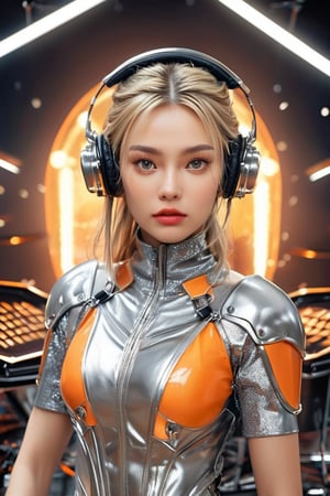 ((masterpiece)), ((best quality)), (((photo Realistic))), (portrait photo), (8k, RAW photo, best quality, masterpiece:1.2), (realistic, photo-realistic:1.3). a beautiful woman, wearing a silver rubber dress with orange accents, wearing a headset, blonde hair, with a face full of expression, a little shouting loudly, and her eyes closed, was enthusiastically beating the drum surrounded by various drums and cymbals with two drum sticks, so thatthere is a dust splash effect with every blow and a vibration effect. large concert screen background, and lighting, hyper realistic, 