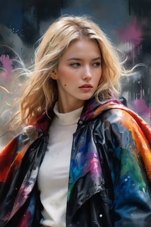 (Masterpiece, Top Quality, Best Quality, Official Art, Beauty & Aesthetics: 1.2), hdr, high contrast, (Masterpiece, Top Quality, Best Quality, Official Art, Beauty & Aesthetics: 1.2), hdr, high contrast, A stunning minimalist watercolor portrait of a woman with blonde hair, sporting a neutral expression. She is adorned with a vibrant, multicolored ink explosion cloak that cascades into an ink painting around her. The cloak, a blend of ink explosion and multi-colored elements, adds a dynamic and textured appearance. The woman wears a simple beige turtleneck sweater and black shorts beneath the cloak. The background is a plain white canvas, allowing the viewer to fully appreciate the intricate details and rich colors of the subject and her garments.,epicDiP