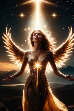 A captivating movie still of a formidable female figure, her hands raised, emitting a brilliant, golden light that illuminates the surrounding darkness. The light envelops her, casting a celestial glow that accentuates her strength and determination. The background reveals a mysterious landscape with an ethereal sky, where stars seem to twinkle with newfound hope. The atmosphere is a blend of enigmatic beauty and promise of new beginnings, as the powerful female figure stands as an embodiment of resilience.