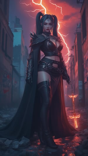 A female stoic Goth Soldier, standing amidst the urban decay of graffiti-laden walls and eerie neon lights. intricate fantasy mysticism enhance her imposing figure. Her sexy armor, with spikes and chains, shimmers under the neon glow. In her hand, she clutches a glowing gothic cross symbol, surrounded by swirling arcane runes, exuding an aura of mystical power. Lightning clouds with orange fire cutting through the shiny sky, enhancing the brooding atmosphere. The Goth Soldier's presence embodies the dark fusion of ancient magic with urban rebellion, a symbol of strength in a decaying world.