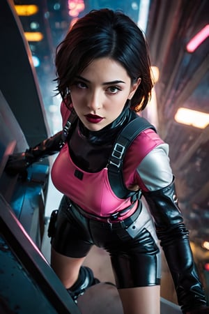 Cinematic, dramatic high-angle photograph looking down from above as Alex, a 19-year-old dark-haired young woman, as she dynamically climbs up the wall of a futuristic megacorp's headquarters. She is clad in dark lipstick, a tight pink top, and short overalls, as well as high-tech gloves and kneepads that aid her climb. She sweats from the difficult ascension and the neon-soaked background of a sprawling megalopolis, with its holographic advertisements and massive buildings, conveys the gritty cyberpunk setting.