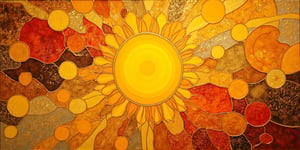 A modern art masterpiece with a abstract description of a radiant sun, intricately designed with golden outlines, a symbol of life and energy. The background features a blend of geometric patterns in various shades of gold, yellow, red and orange brown, evoking a sense of illusion and sophistication. The overall composition is imbued with Klimt's signature style, creating a harmonious balance of color, texture, and form, conceptual art of dadaism.