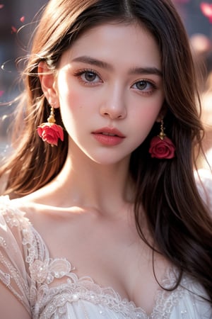 (Best quality, 8k, 32k, raw photo, photorealistic, UHD:1.2), (upper body portrait:1.2), stunning beauty, (smooth hair), beautiful double eyelids, highly detailed glossy blue eyes, detailed facial, (8k, RAW photo, best quality, masterpiece:1.2), A full body photorealistic beautiful dress made entirely of roses with rose texture, rose patterns and the colors are black and pink, worn on a beautiful Latina woman, ((rose)) fashion design, influenced by rose petals, highly detailed, 8k sharp focus, photorealism