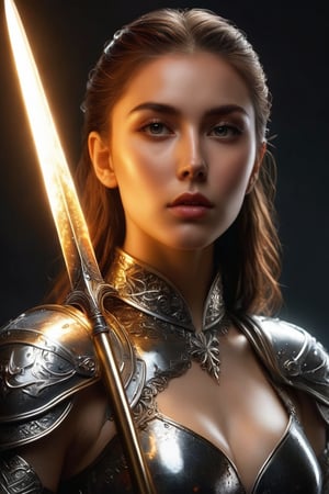 ((masterpiece)), ((best quality)), (((photo Realistic))), (portrait photo), (8k, RAW photo, best quality, masterpiece:1.2), (realistic, photo-realistic:1.3), A highly detailed and intricate female warrior with flowing brunette golden hair that seems to be ablaze, giving off an intense, fiery glow. She is adorned in intricately designed silver armor, which reflects light and has ornate patterns. The armor covers her entire body, including her arms, chest, and legs. She stands confidently In front of her, she clutches a shiny sharp spear in the form of a trident in her hand, exuding an aura of strength and determination. The background is dark, emphasizing the luminosity of her hair and the shine of her armor. She has long eyelashes and a beautiful face with sharp features. 30-megapixel, Canon EOS 5D Mark IV DSLR, 85mm lens, sharp focus, long exposure time, f/8, ISO 100, shutter speed 1/125, diffuse backlighting, fashion, cinematic, dark fantasy, portrait photography, ,xxmixgirl