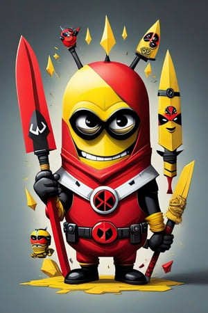 A whimsical artwork. A amesmerizing fusion of Minion and Deadpool, is depicted with an elongated face adorned with bold, geometric shapes and a vibrant color palette of red, yellow, white. Wielding a Big Chief knife with a sinister, reflective blade that reads "DEADTH" the subject exudes danger and unease. 3D comical caricature