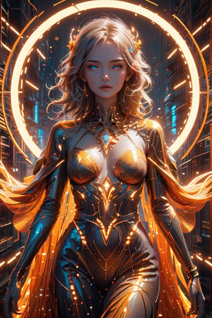 The Neon Wireframe Enchantress of a young alluring goddess. A stunning and evocative epic movie still featuring a futuristic enchantress adorned with a dress and cape made of mesh wireframe in bright neon golden fibers. The bright goddess with glowing hair intertwined into the futuristic neon background. The lines, an intricate network of shining threads, intertwine forming geometric patterns that glow intensely under the light, creating a hypnotic and electrifying visual effect. The artwork masterfully combines digital rendering with portrait photography, immersing the viewer in a fascinating and technological visual experience. The vibrant contrast between the neon wireframe and the dark, abstract urban landscape background creates a captivating atmosphere that leaves a lasting impression. Adda Barrios' name is prominently displayed, highlighting her extraordinary talent, versatility, and artistic vision, all exhibited in the fields of fashion, ,neon,mad-cyberspace,NeonLG,neon photography style,glowneon