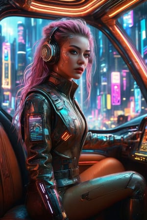 ((masterpiece)), ((best quality)), (((photo Realistic))), (portrait photo), (8k, RAW photo, best quality, masterpiece:1.2), (realistic, photo-realistic:1.3). The female cyberpunk passenger, dressed in a stylish, form-fitting outfit with high-tech elements and cyber art accents, sits confidently in the flying cab. Gravitaxi, the flying taxi, soared through a neon-lit cyberpunk cityscape. The background reveals a daring and vibrant cityscape, with towering skyscrapers and a dark, mysterious atmosphere. Holographic advertisements add to the futuristic, immersive setting, creating an overall ambiance that perfectly encapsulates the essence of a cyberpunk world. Masterpiece movie poster.