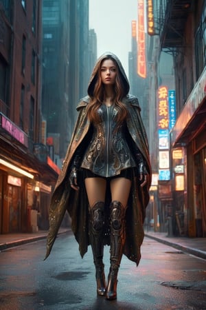 ((masterpiece)), ((best quality)), (((photo Realistic))), (head to thigh portrait photo, low angle view:1.4), a captivating photograph capturing a gorgeous cyberpunk-styled cyborg young pretty cute girl in the surreal and eerie City of Overtown. The cyborg has long brown hair, partially concealed by a long transparent silk flowing hooded cloak that adds an air of mystery and intrigue to her appearance. Her cybernetic enhancements are subtly integrated into her human features, blending technology with organic elements in a seamless and intriguing manner. The cityscape behind her is a mesmerizing blend of gothic architecture, fungal growths, and extraterrestrial influences. Towering spires and arched bridges stretch into the sky, their surfaces adorned with intricate details and pulsating neon lights that reflect off the damp, metallic surfaces below. Fungal growths cling to the sides of buildings, their bioluminescent glow casting eerie shadows that dance across the streets. 