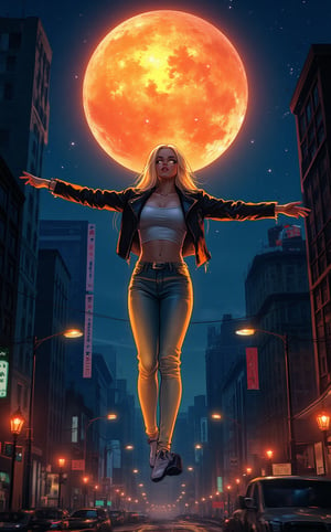 An enchanting urban fantasy scene of an anime woman with long platinum blonde hair and piercing bright eyes. She is dressed in glowing jeans and a leather jacket, with her arms outstretched as if embracing the world. The woman is defying gravity, floating in the warm glow of a massive, fiery orb hovering above a bustling city street plunged into night. The streetlights cast a dim, blue hue over the scene, and the cityscape is filled with a mix of towering skyscrapers and old-world charm. The overall ambiance is mystical, with a sense of awe and wonder.